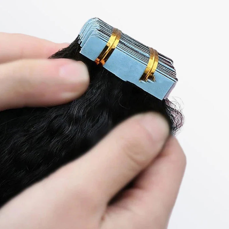 Afro-Textured Kinky Straight Tape in Remy Hair Extensions #1B Natural Black