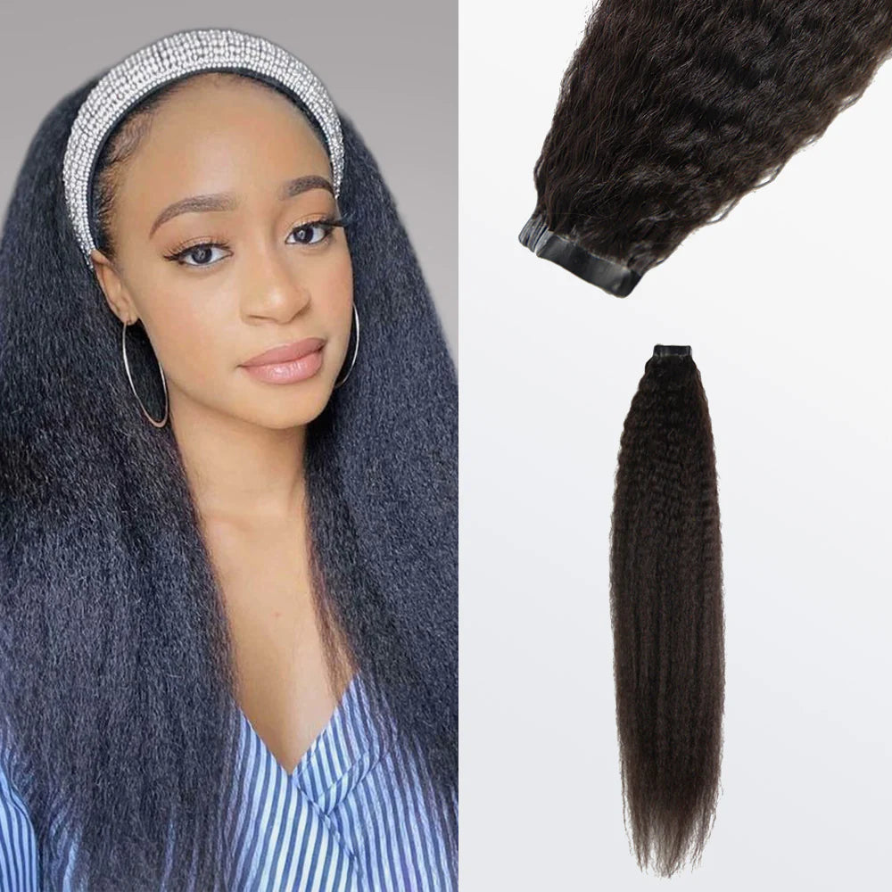 Afro-Textured Kinky Straight Tape in Remy Hair Extensions #1B Natural Black